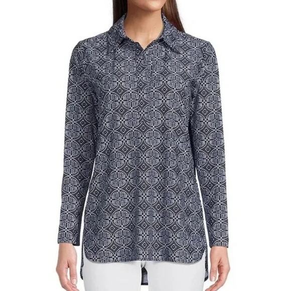 Jude Connally Womens Hadley Long Sleeve Top Small Blue Batik Medallion Stretch - Picture 1 of 12